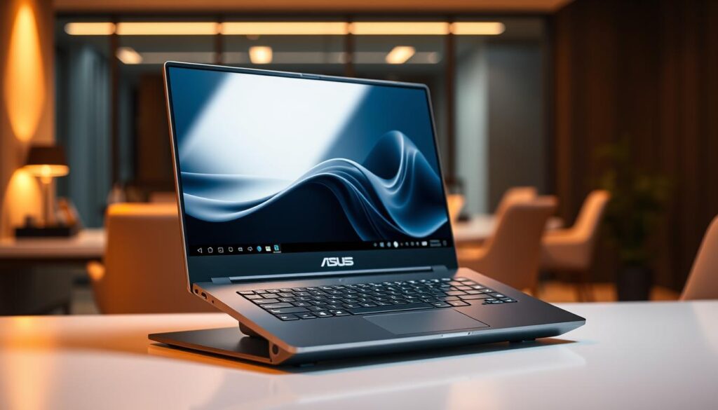 A professional, sleek ASUS laptop sitting on a minimalist desk, with a modern office background. The laptop's display showcases its innovative features, such as a slim, lightweight design, high-resolution screen, and advanced hardware. Warm, directional lighting illuminates the scene, casting subtle shadows and highlighting the laptop's premium construction. The composition emphasizes the laptop's elegant and forward-thinking aesthetic, conveying ASUS's commitment to innovation in portable computing. The overall mood is one of sophistication, technology, and the future of laptop design.