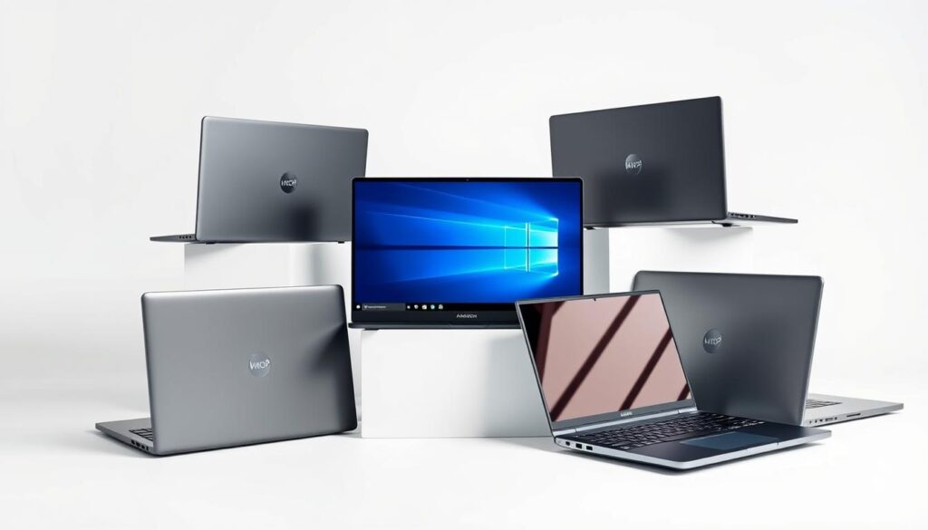 A sleek and modern arrangement of five premium laptop computers prominently displayed on a minimalist white backdrop. The laptops are positioned at various angles, showcasing their elegant designs and high-end features. Soft, directional lighting accentuates the metallic finishes and crisp lines of the devices, creating a sense of depth and highlighting their premium quality. The laptops are arranged in a visually appealing, tiered layout, conveying their status as the top-selling models on Amazon. The overall composition exudes a sense of sophistication and consumer appeal, capturing the essence of the "Best Sellers in Laptop Computers on Amazon" section.