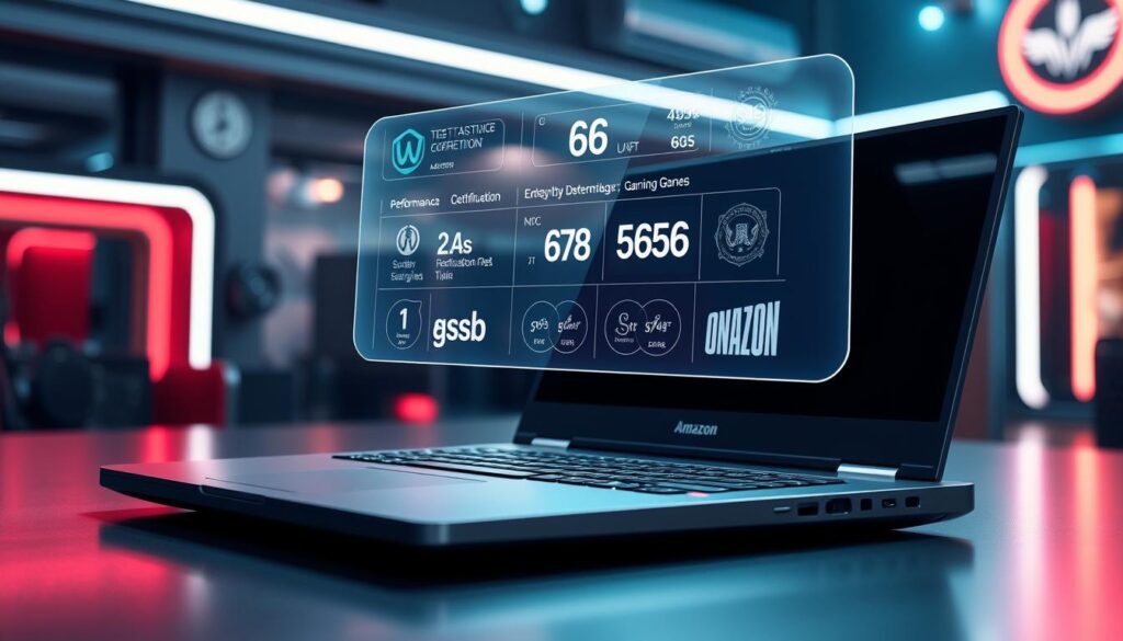 A sleek, high-performance gaming laptop prominently displayed in the foreground, its metallic chassis gleaming under bright studio lighting. In the middle ground, a collection of technical specifications and performance metrics hover in a transparent, holographic display, showcasing the laptop's impressive capabilities. The background is a stylized, futuristic environment with vibrant neon accents, hinting at the immersive gaming experience the laptop can deliver. The overall scene conveys a sense of power, innovation, and the laptop's position as a top seller in the Amazon marketplace.