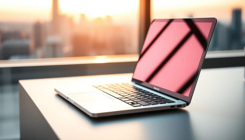 A sleek, silver MacBook Pro laptop rests on a minimalist desk, its smooth aluminum chassis gleaming under the warm, directional lighting. The Retina display shines with vivid, accurate colors, inviting the viewer to imagine the powerful performance within. In the background, a blurred city skyline suggests the device's portability and suitability for on-the-go productivity. Subtle reflections on the display and keyboard add depth and dimension, while the clean, uncluttered composition emphasizes the laptop's premium, flagship status among the #5 Best Selling Laptop Computers on Amazon.
